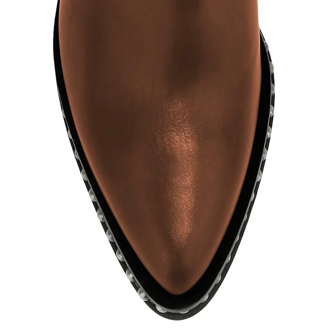 Women's Studded Chunky Heel Ankle Strap Pointed Toe Brown Ankle Boots