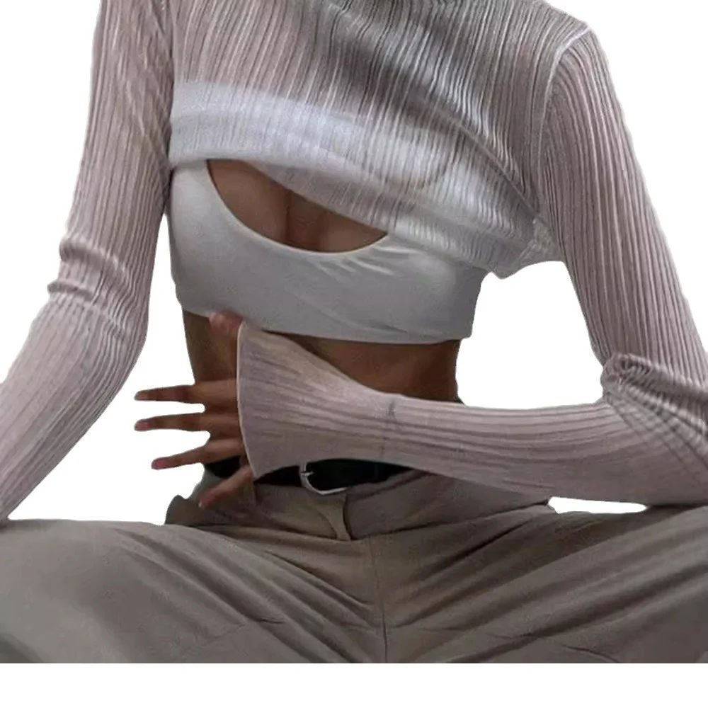 Churchf Churchf Wind Early Autumn New Women's Long Sleeve Mesh Perspective T-Shirt Women's Solid Color High Collar Slim Top