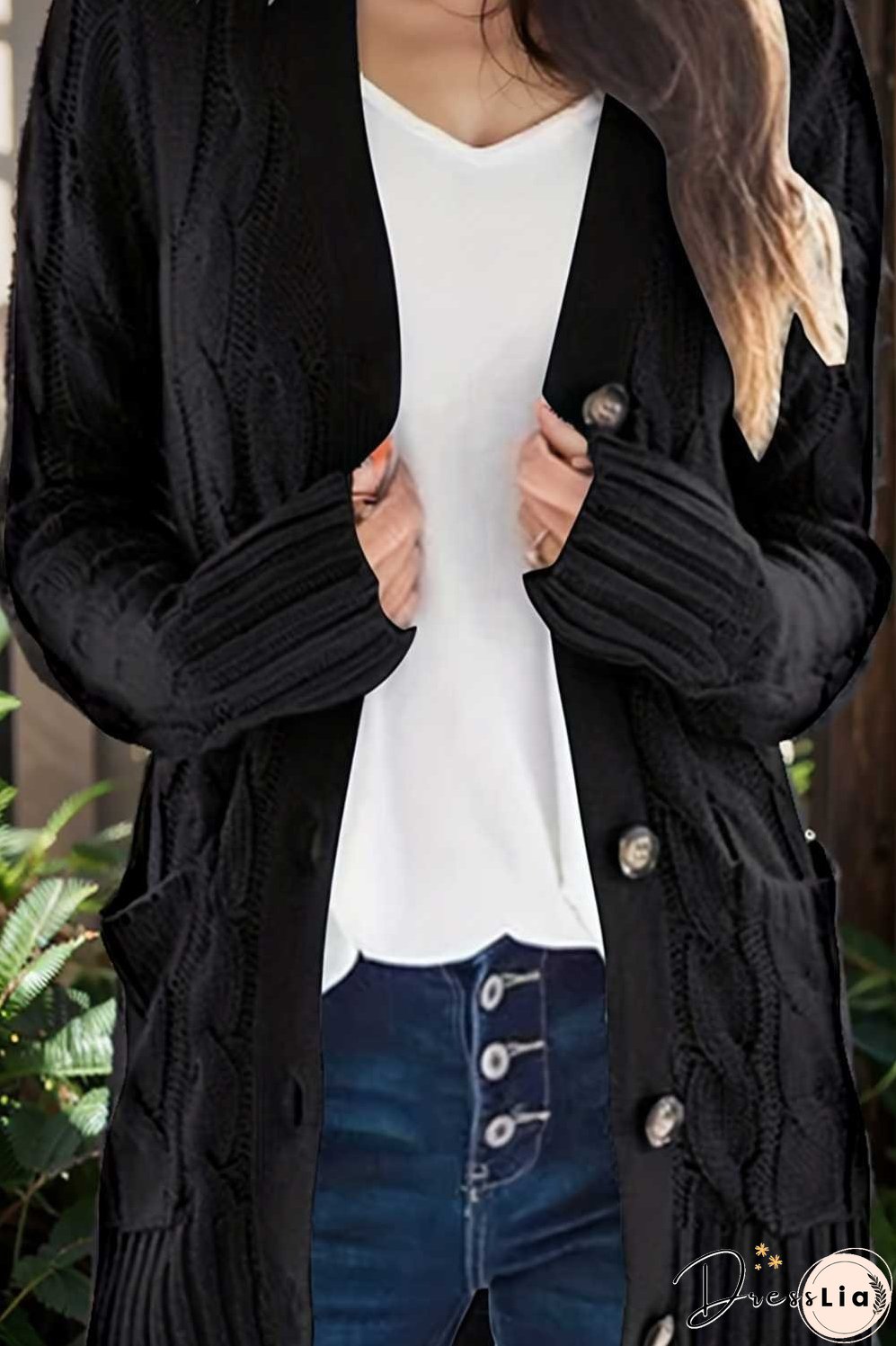 cozy cable knit button front long sleeve cardigan