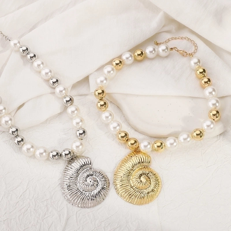 Exaggerated Beach Conch Heart Shape CCB Imitation Pearl Alloy Pendant Necklace4