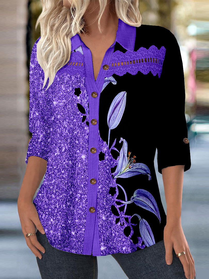 Women 3/4 Sleeve Shirt Collar Floral Printed Graphic Lace Button Pockets Tops