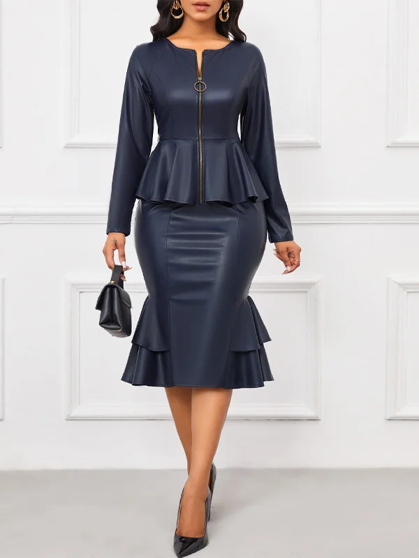 Vegan Leather Slit Long Sleeve Top and Skirt Suit
