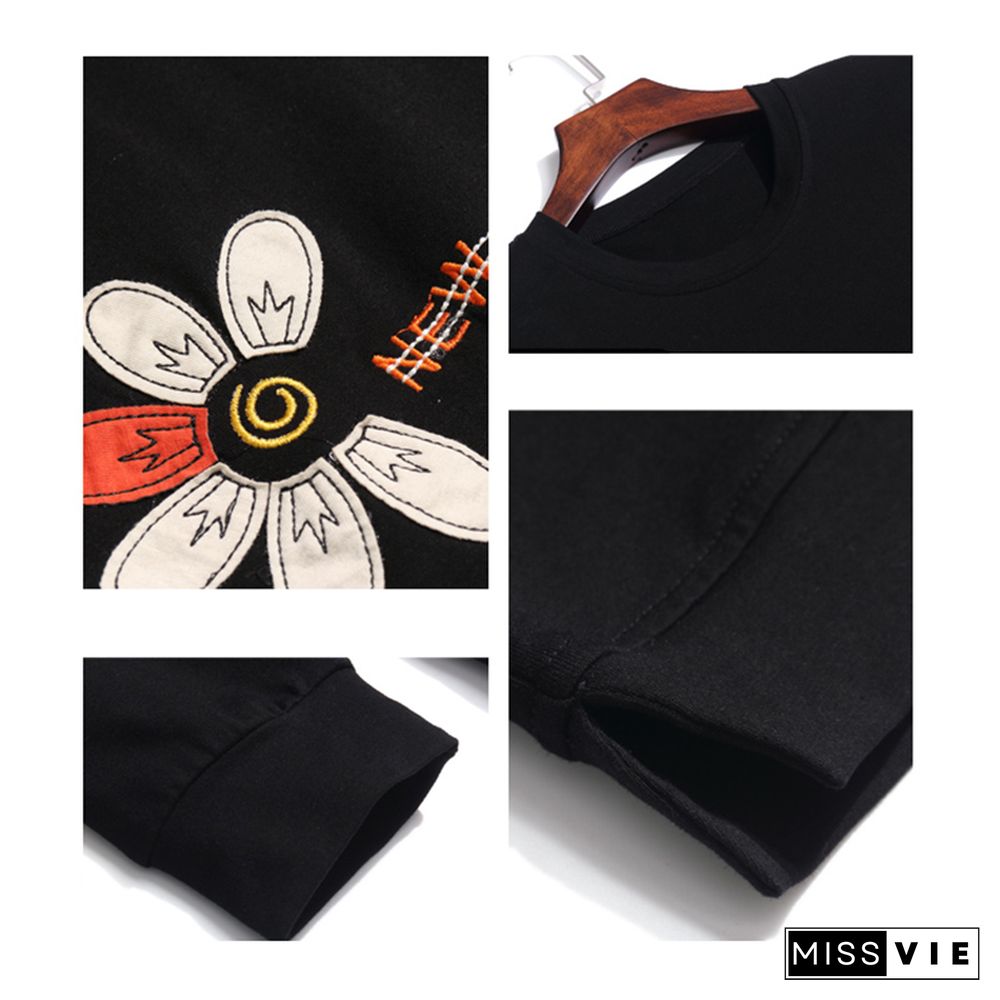 Shintimes Floral Letter Embroidery Long Sleeve T Shirt Women Spring Autumn T-Shirts Loose Clothes Cotton Tee Shirt Femme