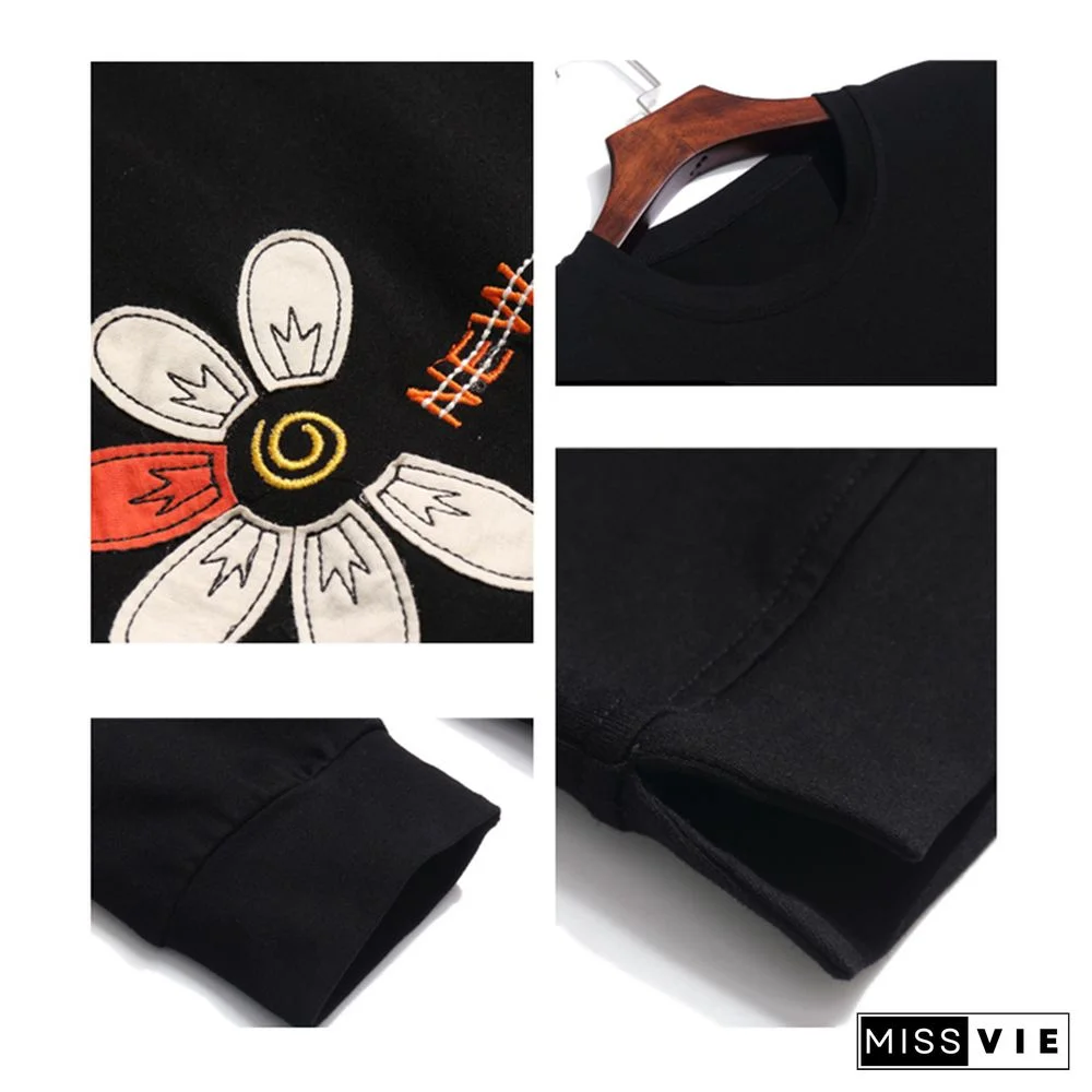 Shintimes Floral Letter Embroidery Long Sleeve T Shirt Women Spring Autumn T-Shirts Loose Clothes Cotton Tee Shirt Femme