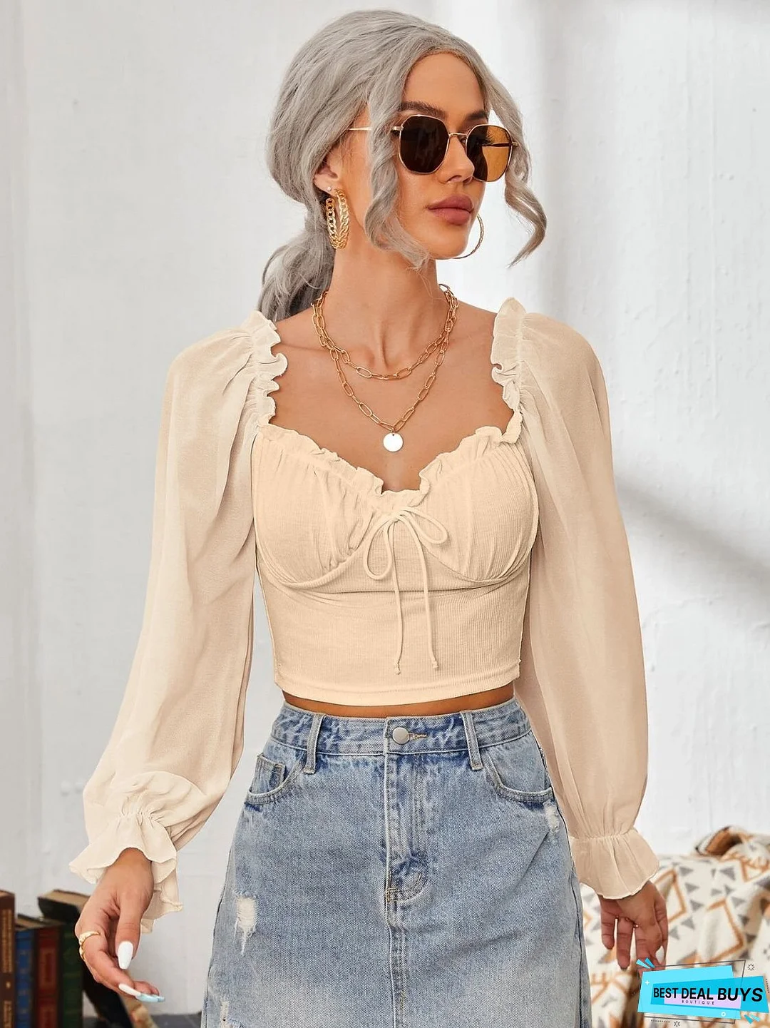 Mesh Sweetheart Neck Flounce Sleeve Top