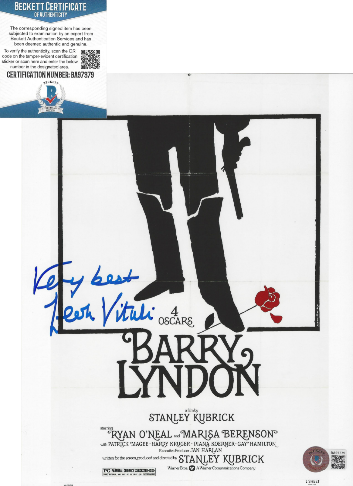 LEON VITALI SIGNED 'BARRY LYNDON' BULLINGTON 8x10 MOVIE POSTER Photo Poster painting BECKETT COA