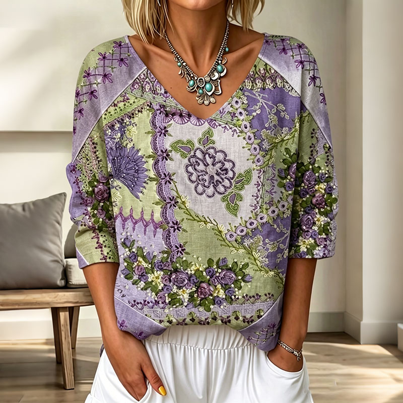 Comstylish Women's Floral Patchwork Art Print Flowy Linen Blend Three-quarter Sleeve V Neck Linen Tops