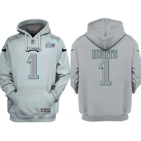 Men's Philadelphia Eagles #1 Jalen Hurts Grey Atmosphere Fashion Super Bowl LVII Patch Pullover Hoodie