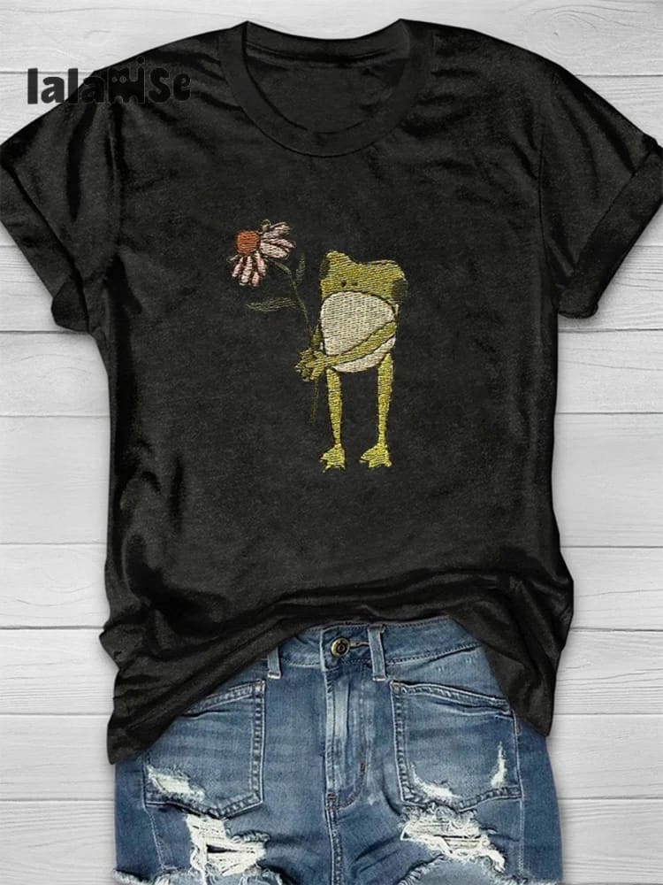 Frog Art Print Casual T - Shirt Black / S