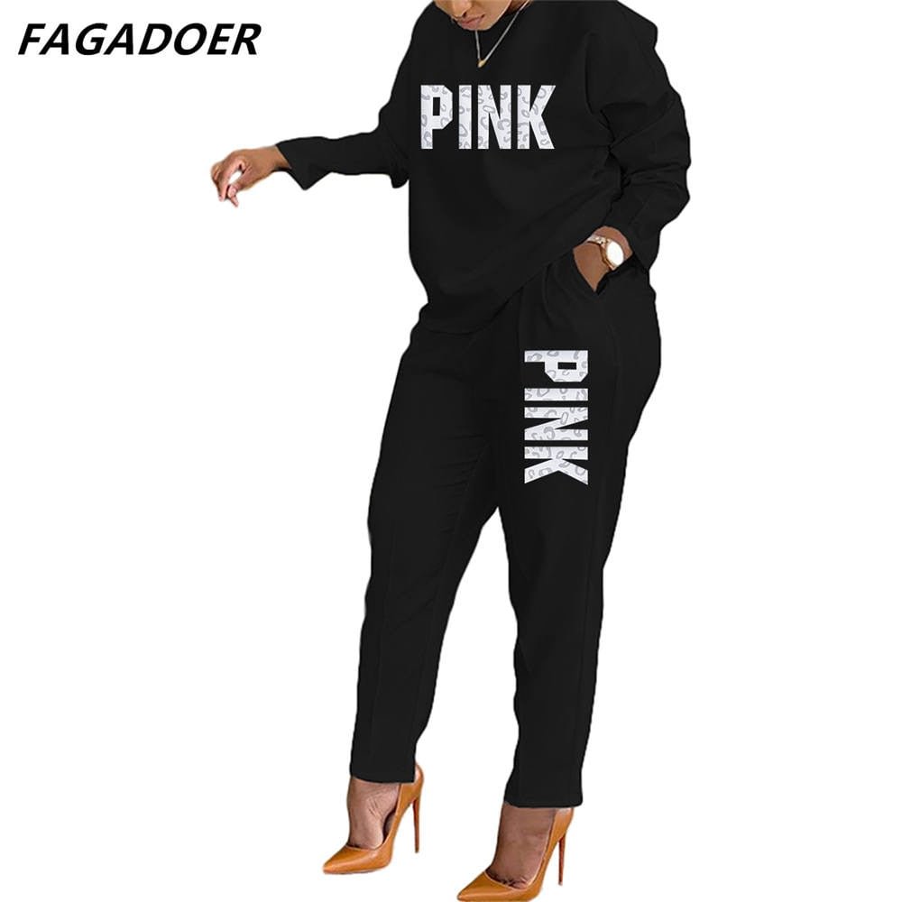 FAGADOER Long Sleeve Women Two Piece Solid Tracksuits Pink Letter Print O Neck Shirt & Casual Slim Pants Set Tracksuits Outfits