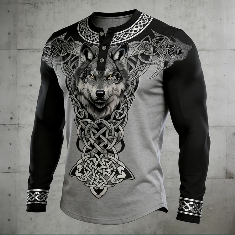 Men's Retro Viking Wolf With Celtic Knot Print Graphic Henley Collar T-shirt