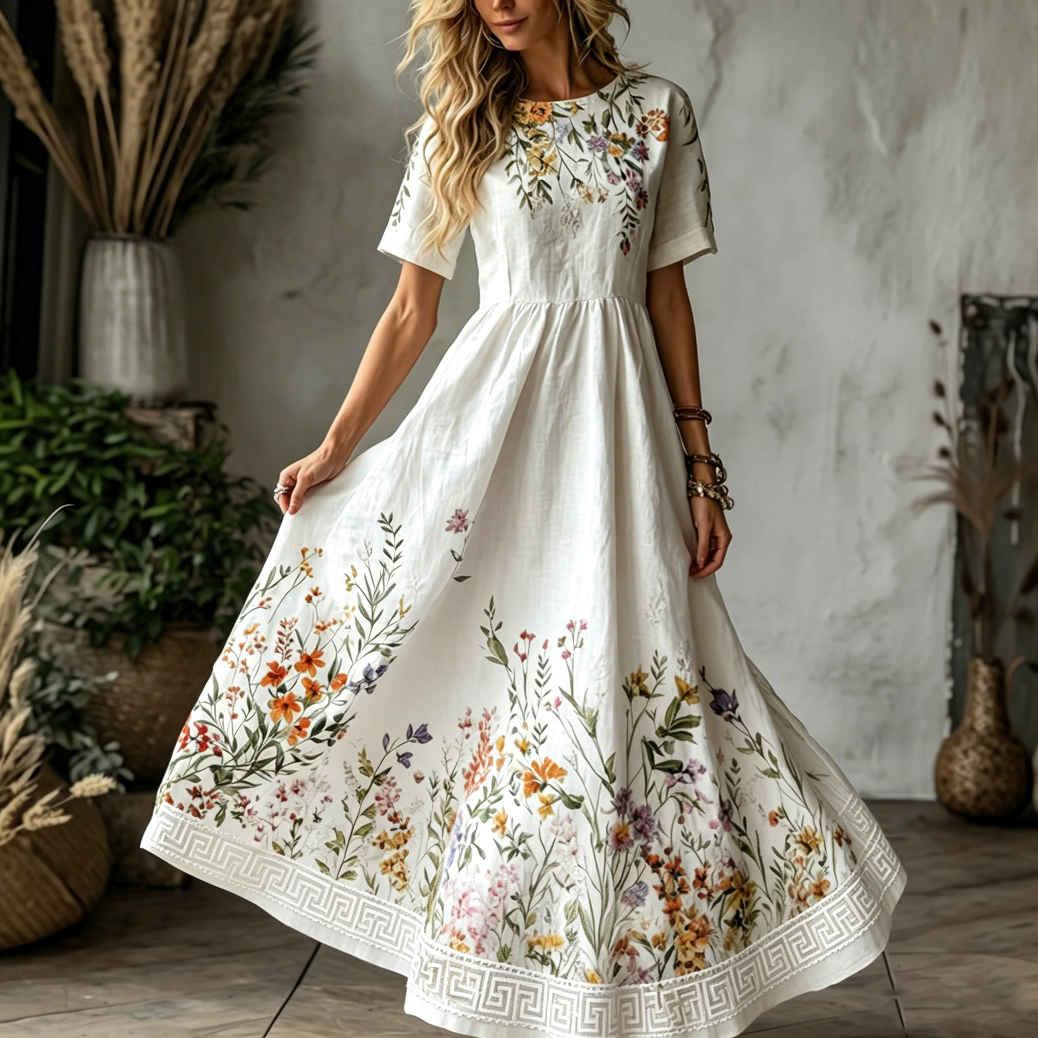 Comstylish Women's Vintage Spring Floral Art Flowy Linen Maxi Dress