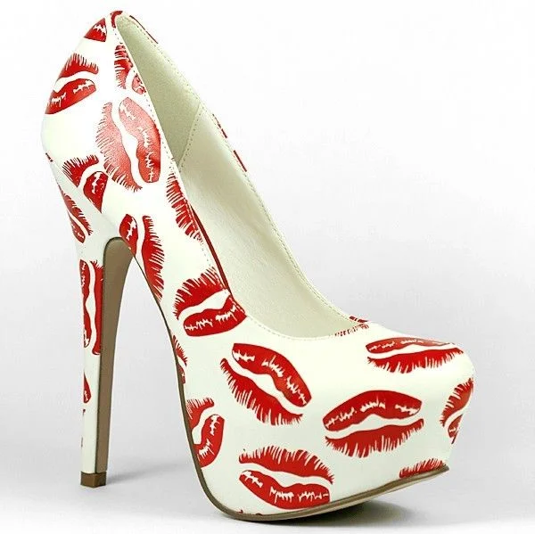 Women's White and Red Lips Print Platform Heels Sexy Stiletto Heels Pumps |FSJ Shoes