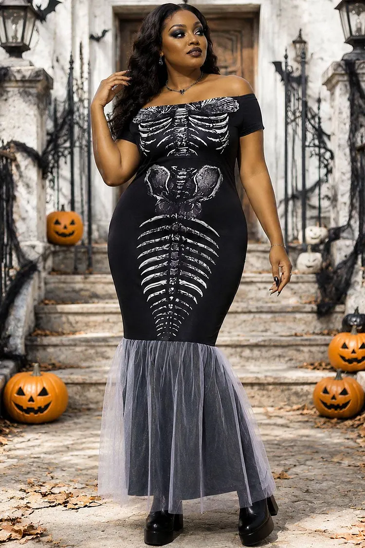 Xpluswear Design Plus Size Halloween Costume Black Off Shoulder Skeleton Mermaid Knitted Maxi Dress（Ships 24h） 2024 - Xpluswear