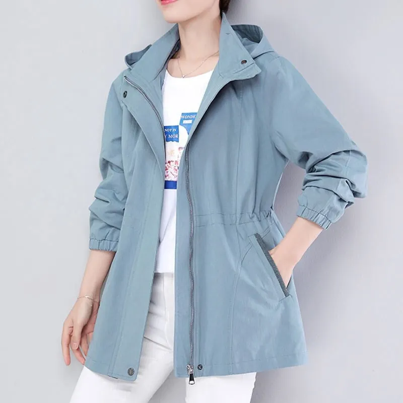 Lined Windbreaker Female New Spring Autumn Coat Pure Hooded Outerwear Plus Size 4XL Women Trench Coat Casual Tops Mother Costume