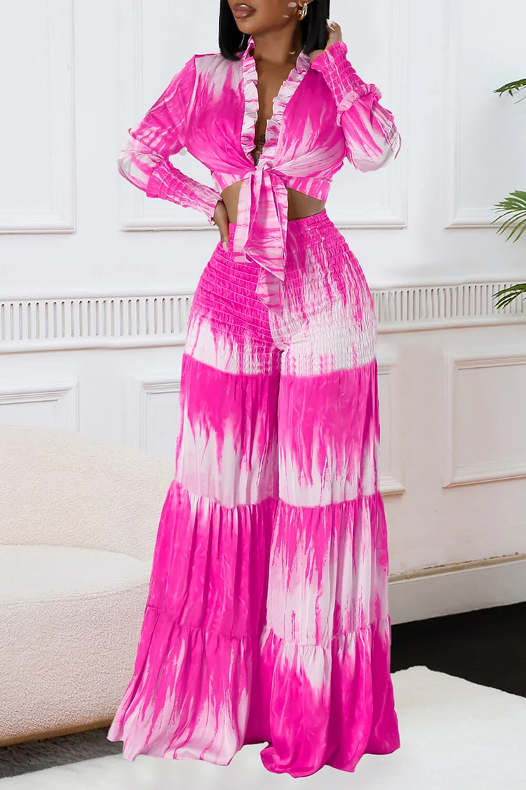 Tie Dye Print Long Sleeve Tie Up Blouse Wide Leg Pants 2pcs Set-Fuchsia