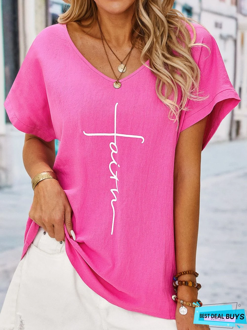 Casual V neck Printed Loosen Short Sleeve Top