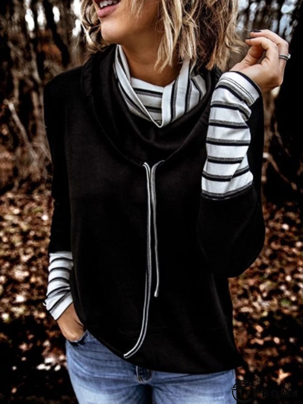 Black Stand Collar Stripes Long Sleeve Cotton-Blend Top | IFYHOME