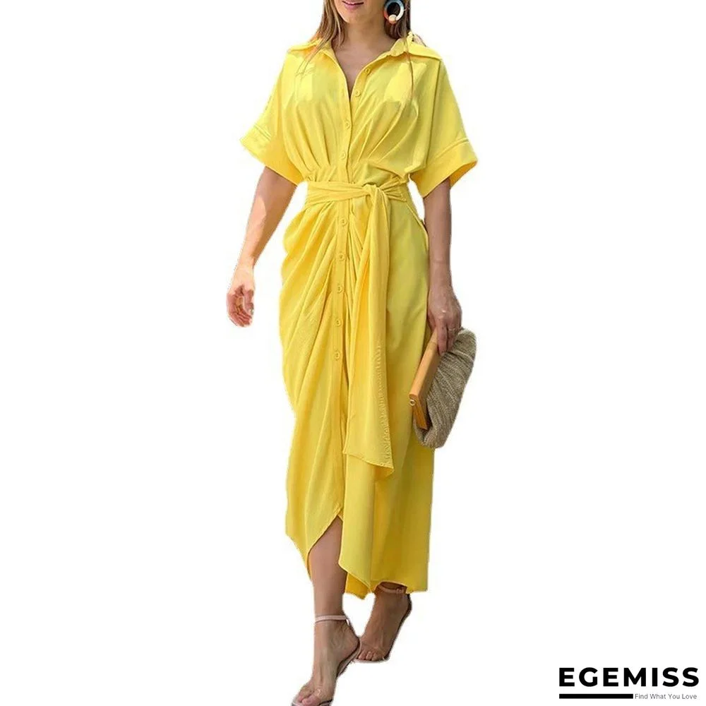 Lapel Mid Length Short Sleeve Single Breasted High Waist Shirt Dress | EGEMISS