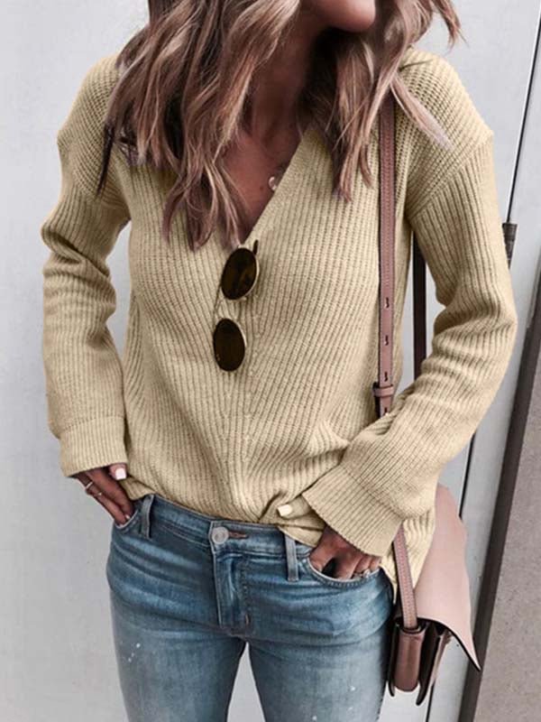 Solid Color V-neck Knitted Sweater