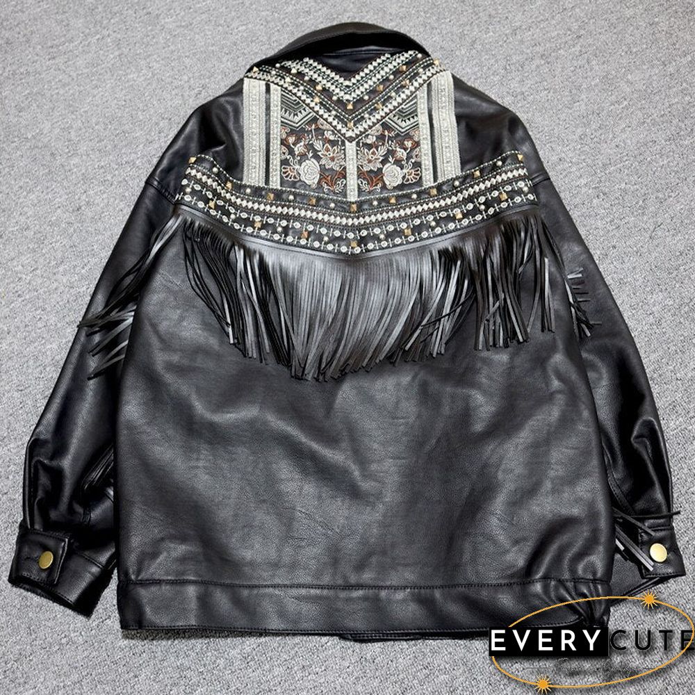 Spring Autumn Women Black PU Faux Leather Jackets Fashion Tassel Rivet Embroidery Biker Coats Female Casual Loose Outwear Tops