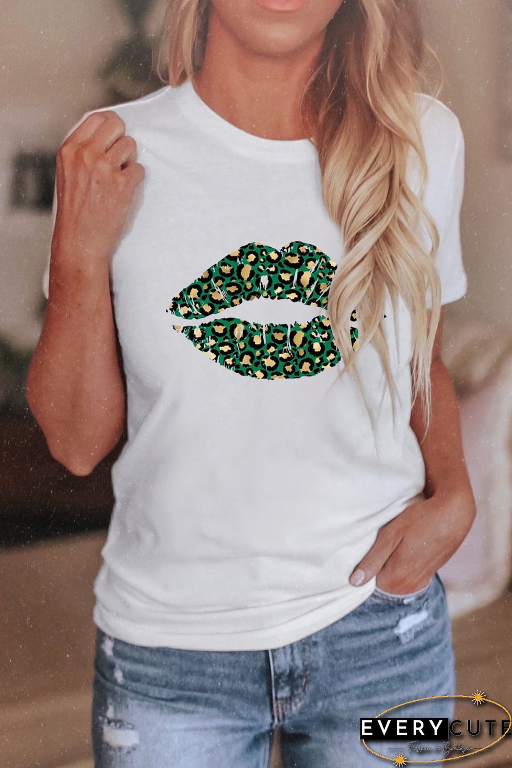 White St Patrick Leopard Lip Print Short Sleeve T-shirt