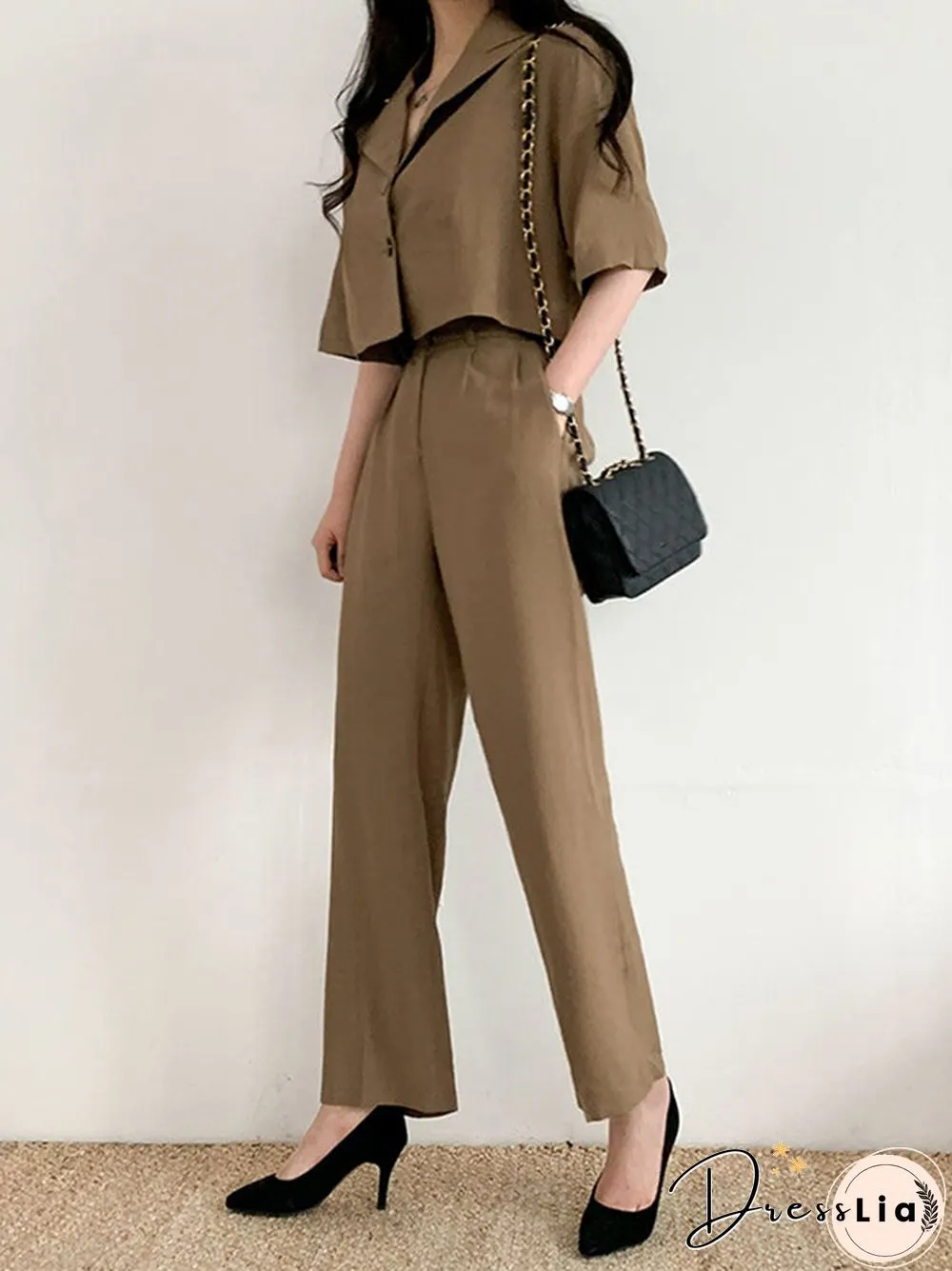 Solid Button Front Pocket Lapel Short Sleeve Two Pieces Suit