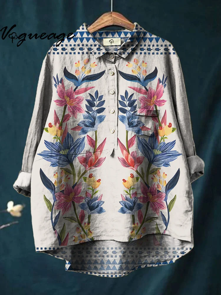 Elegant Symmetrical Plants And Flowers In Ink Painting Print Cotton And Linen Shirt
