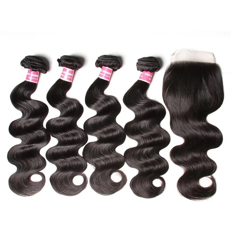 8a Virgin Malaysian Body Wave 4 Bundles with 4*4 Lace Closure, No Shedding and Tangle Free- Hair