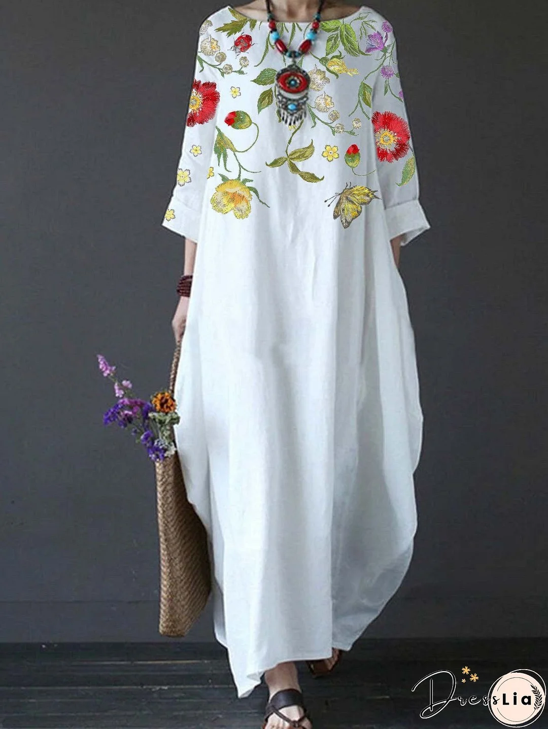 Summer Feminine Style Long Dress Round Neck Vintage Sweet Print Art Dress 3/4 Sleeve