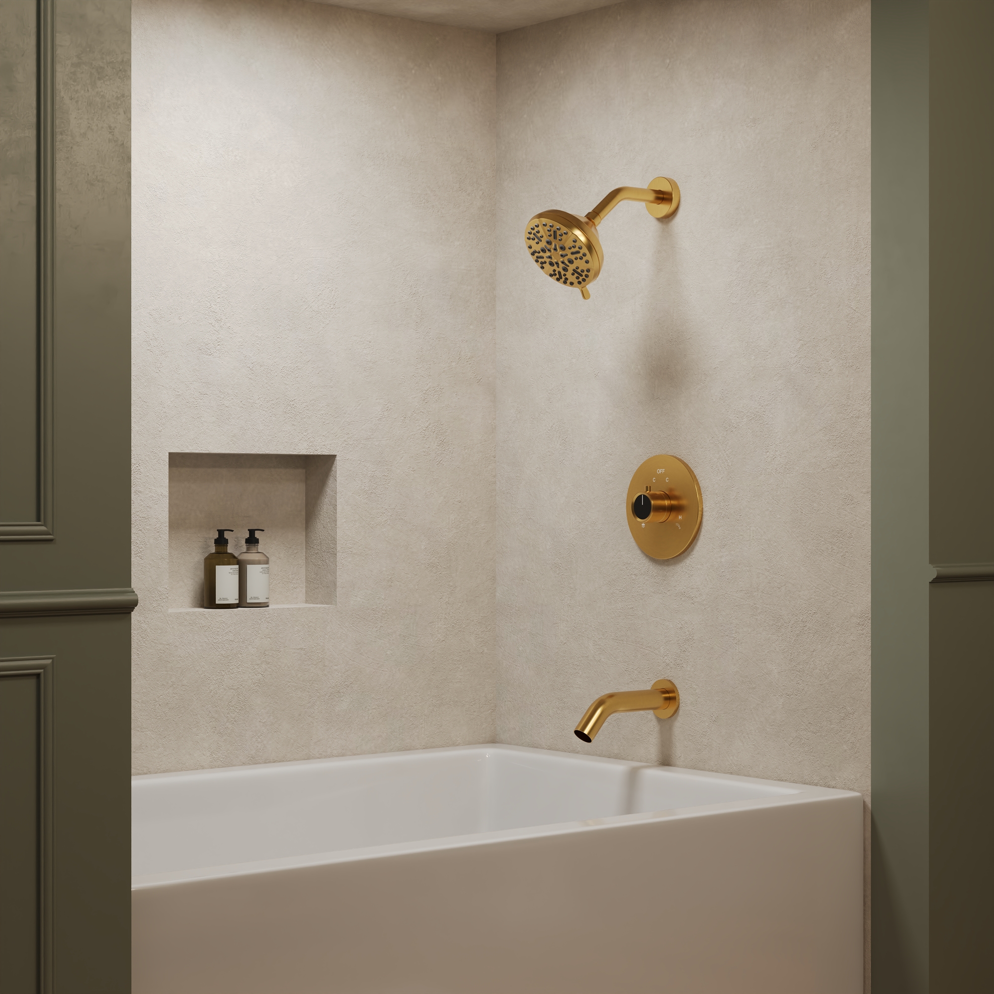 2-Function Shower System with 5-Spray 5 in. High Pressure Shower Head and Tub Spout in Brushed Gold (Valve Included)