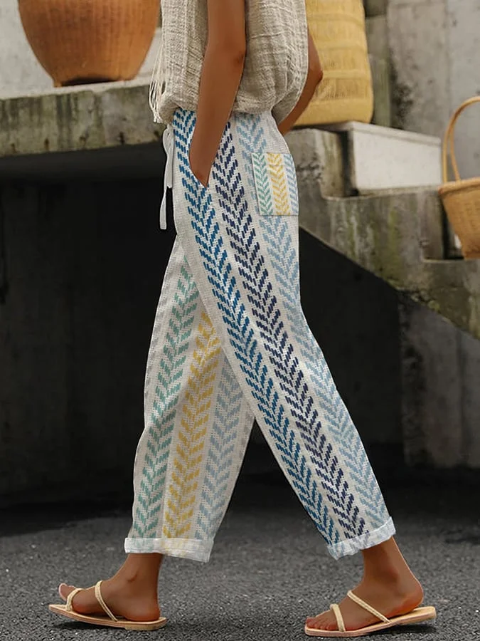 Women's Retro Herringbone Print Lace-Up Loose Casual Pants