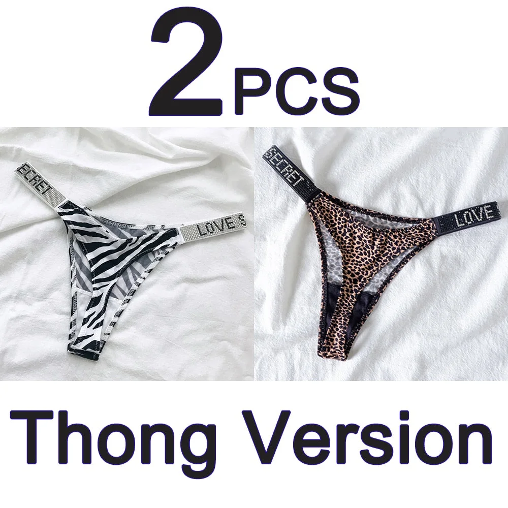 2PCS Sexy Low Waist Panties G String Comfort Satin Underwear Women Rhinestone High Fork Thong Seamless Intimates Lingerie Cotton
