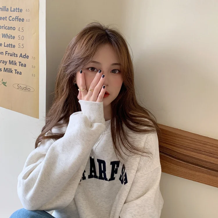Uveng Uveng 2024 New Embroidered Letter Thin Hoodie Female Loose Round Collar Fashion Student Long Sleeve Jacket Coat Female