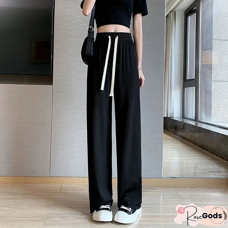 Summer Harajuku Wide Leg Pants For Women Fashion High Waist Elastic Long Ice Silk Y2K Pants Chic Pleated Loose Straight Trousers