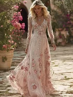 Vintage Boho Roses Embroidered Flowy Linen Maxi Dress
