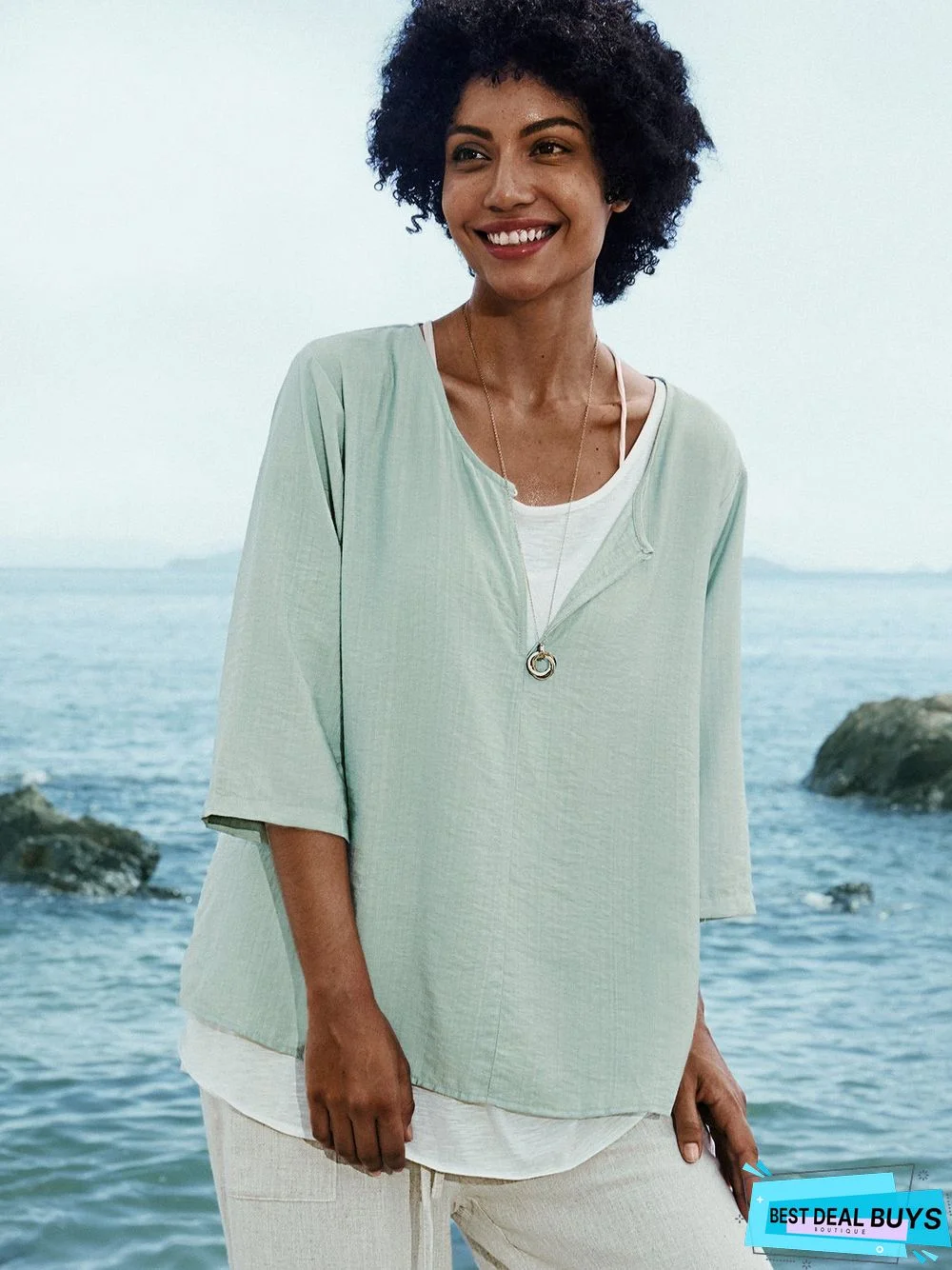 Blue Cotton V Neck 3/4 Sleeve Shift Tunic Top