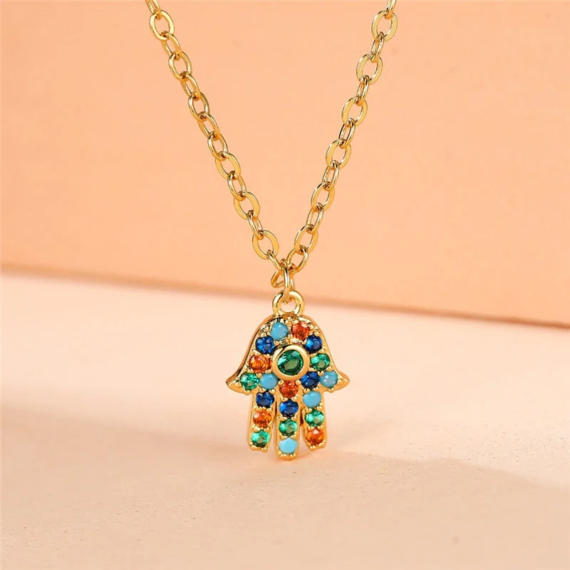 Luxury Female Rainbow Crystal Palm Pendant Necklace Yellow Gold Color Chain Necklaces Charm Zircon Wedding Necklaces For Women