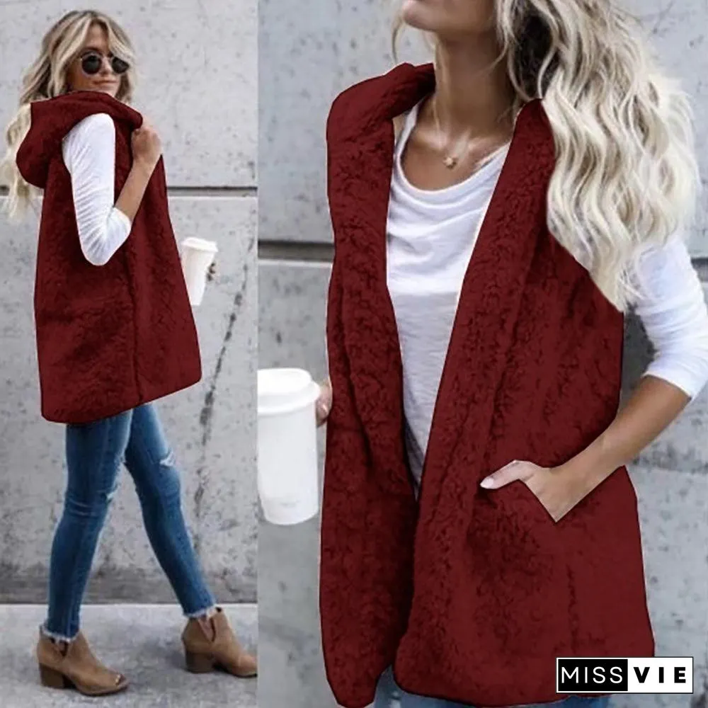Sleeveless Warm Women Coat With Hood