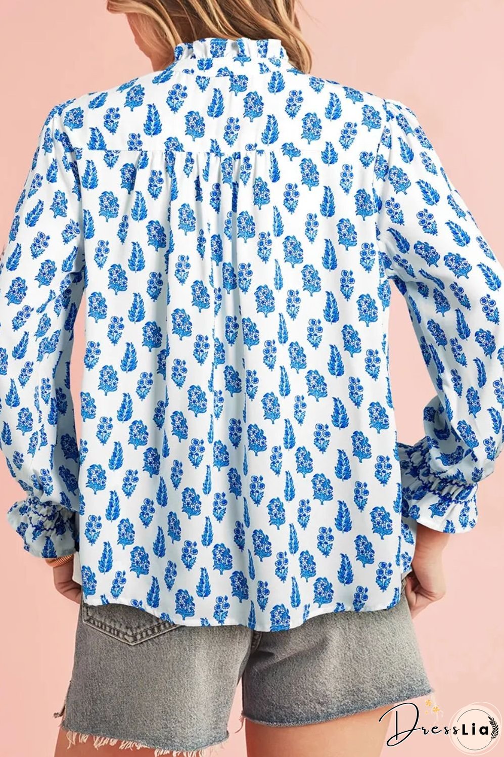 Frill Printed Button Up Long Sleeve Shirt
