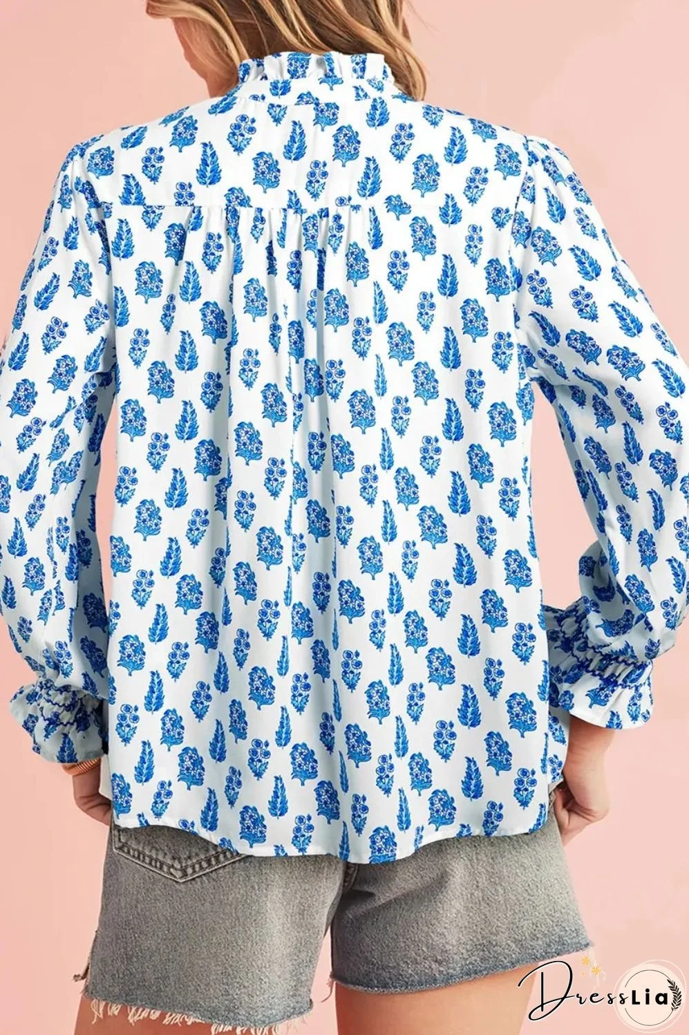 Frill Printed Button Up Long Sleeve Shirt