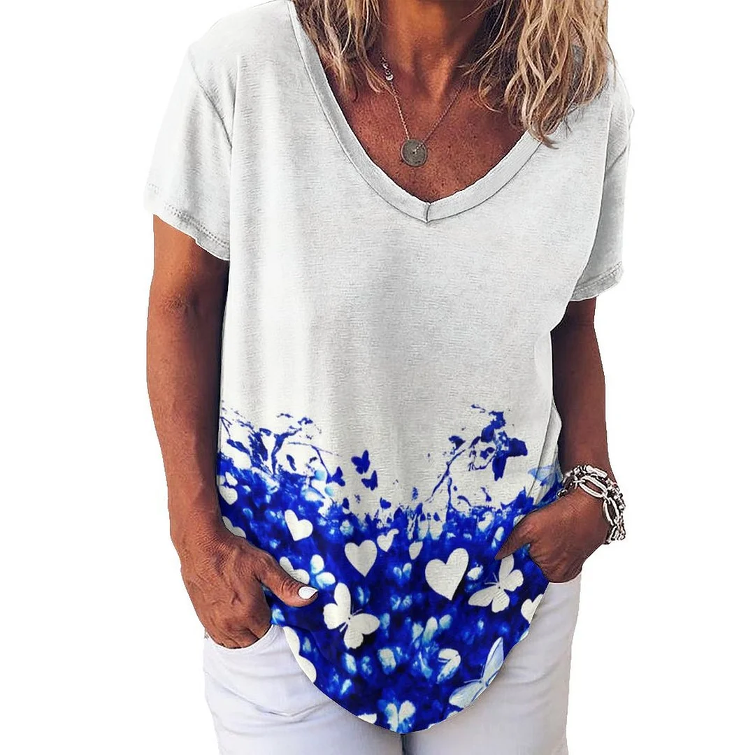 V-neck Short Sleeve Casual T-shirt for  Women Printed with Pattern Butterflies, Floral, Blue, Watercolor