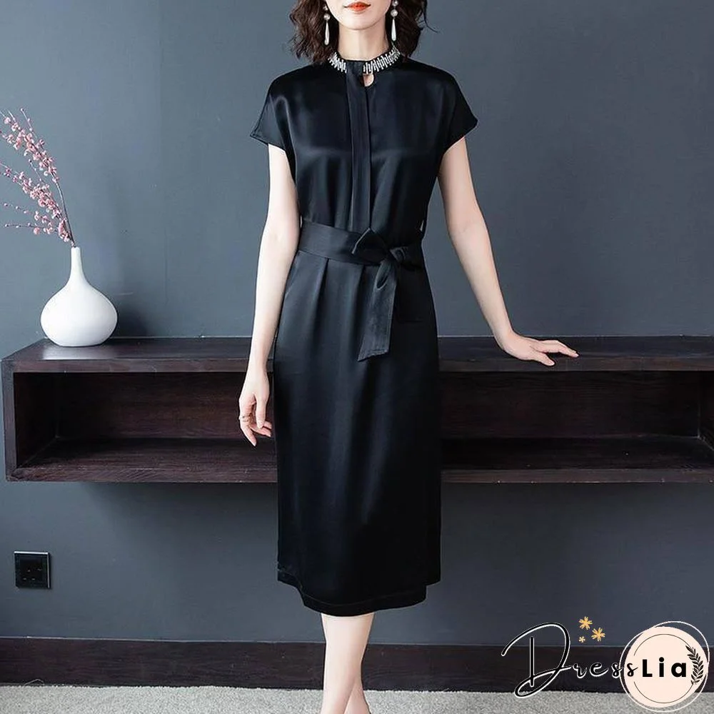 Spring Midi Black Dresses Women Short Sleeve Belt Satin Vintage Elegant Fashion Female Clothing Office Lady Party Summer