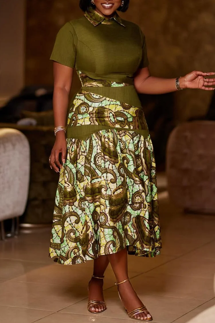 Plus Size Churchs Army Green Graphic Turndown Collar Short Sleeve Pocket Elegant Contrast Midi Dresses [Pre-Order] 2024 - Xpluswear