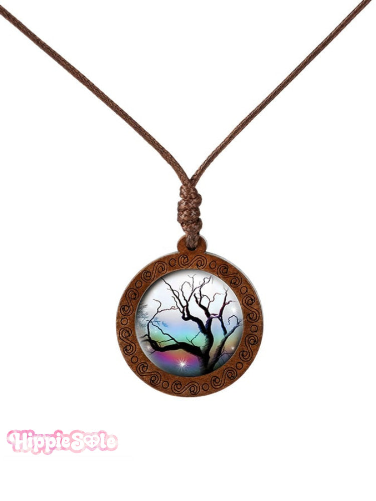 Wood Tree Of Life Time Gemstone Glass Pendant Necklace Picture 2 / One-Size