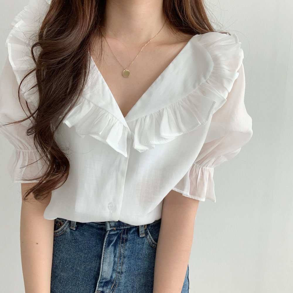 Blouses Women Ulzzang Chic Summer Lovely Ruffles Fashion Blusas Ladies Tops All-match Office Lady Clothing Daily Popular Soft