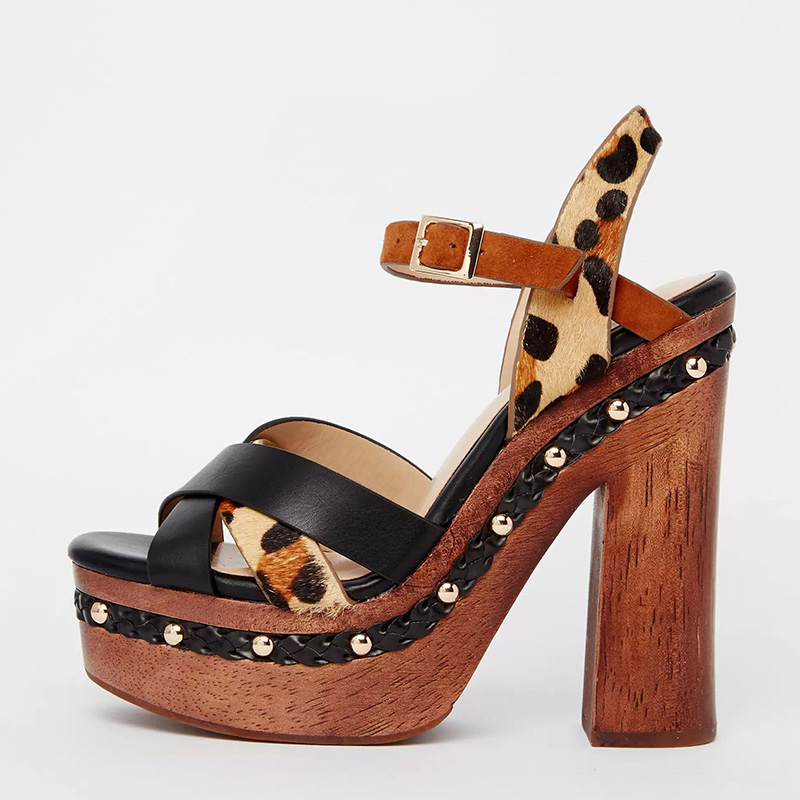GOOSHOE Leopard Print Sandals Peep Toe Chunky Heel Platform Shoes