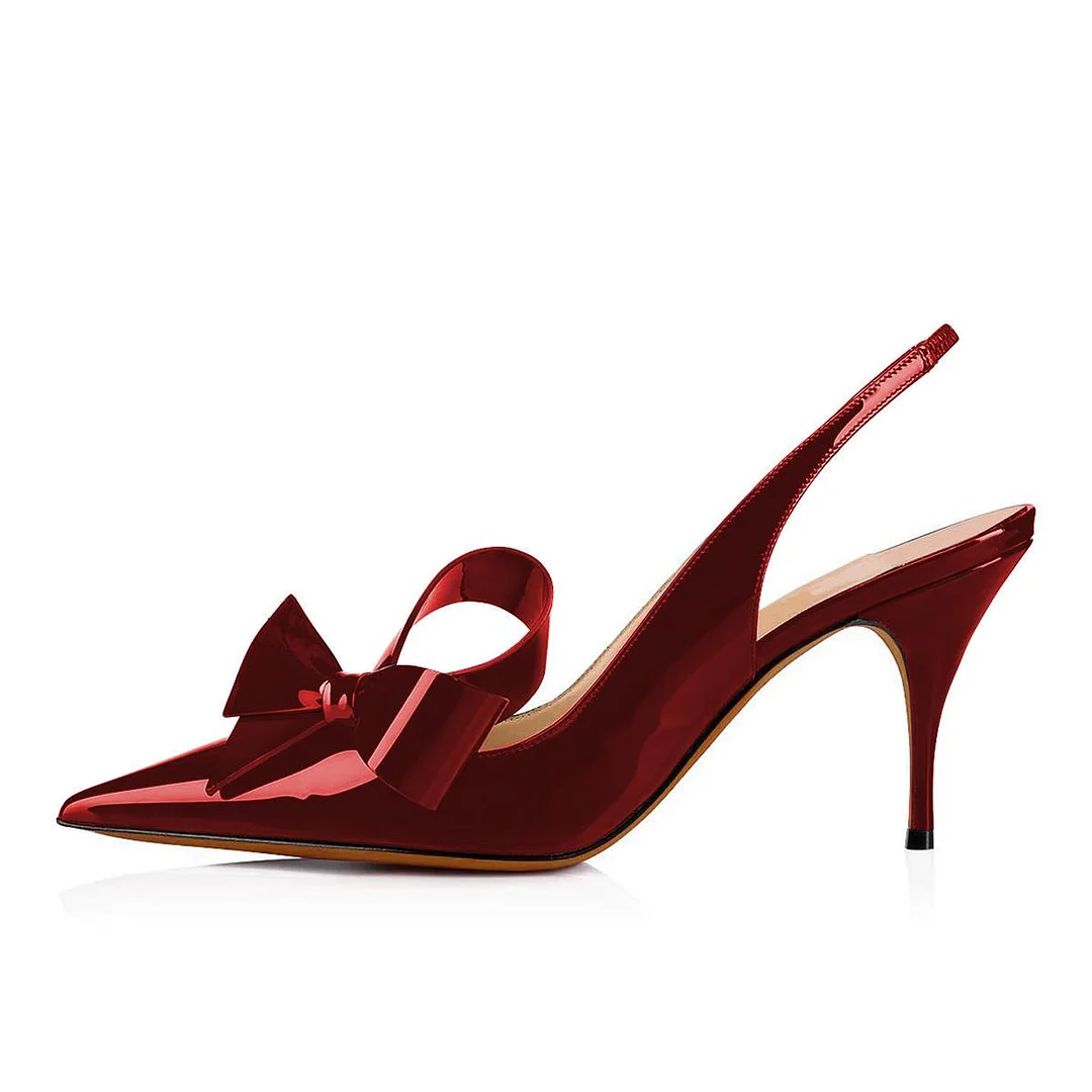 Full Red Pointed Toe Patent Leather Pumps Side Bow Slingback Stiletto Heels Nicepairs