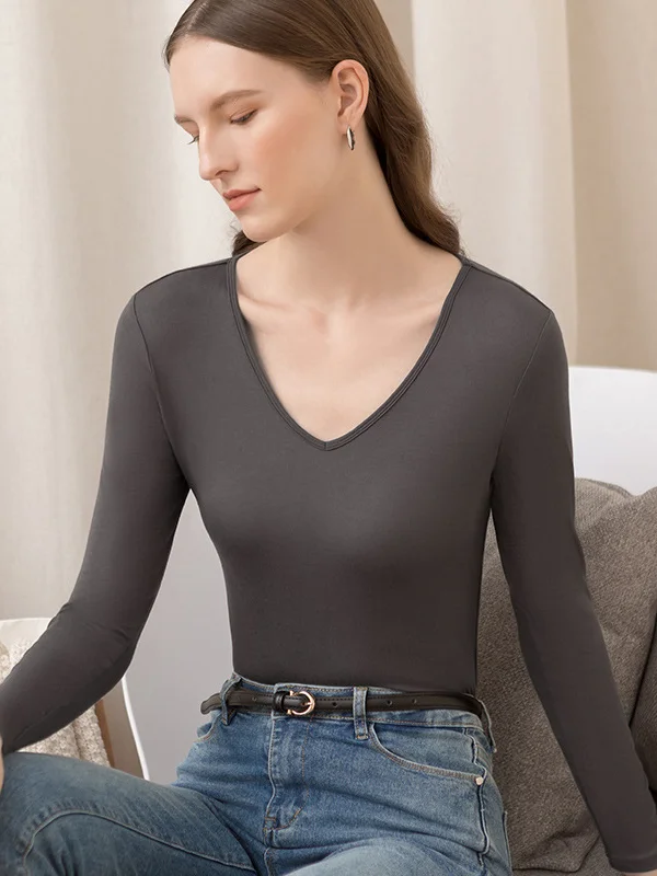 Casual Skinny Long Sleeves Solid Color V-Neck T-Shirts