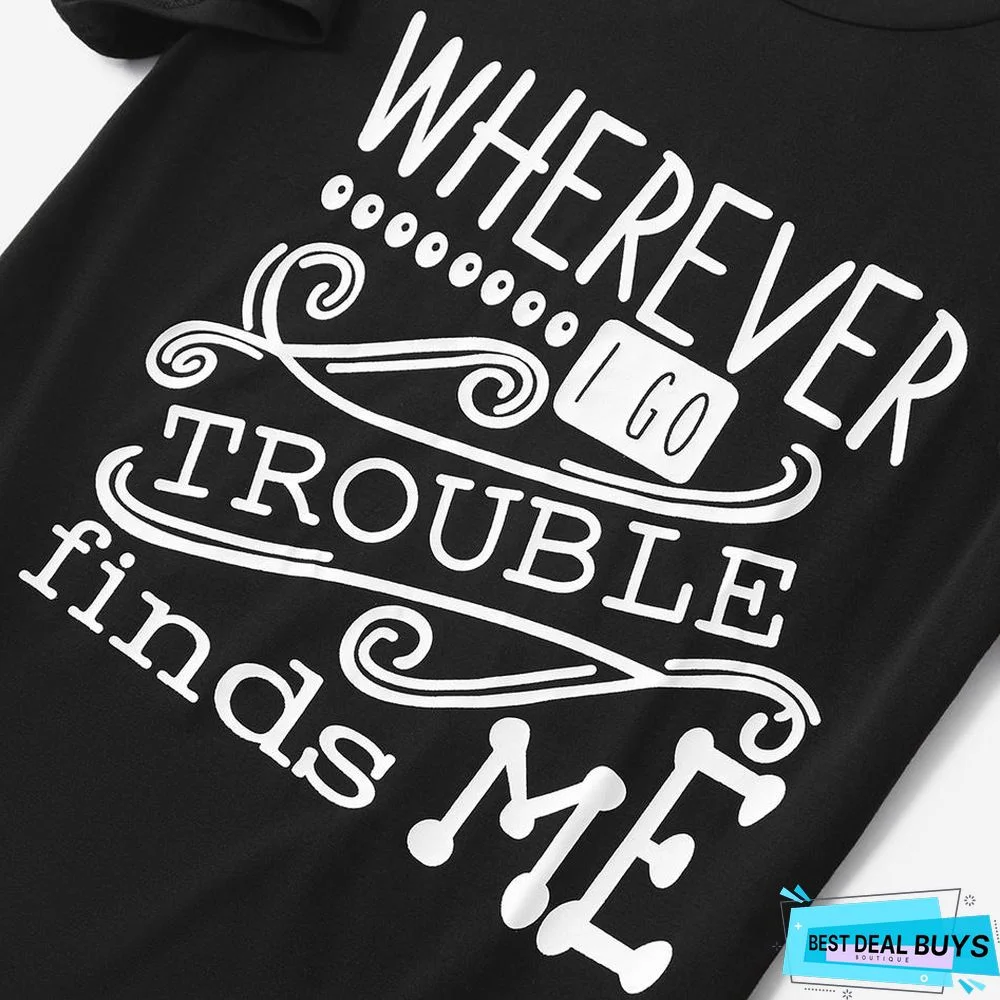 Mommy and Me Round Collar Letter Black Short Sleeve Matching Tops